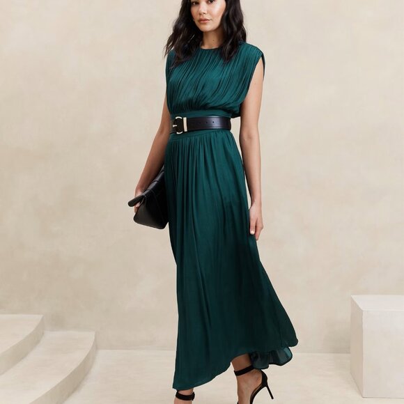 NEW Banana Republic 8 Crystal Satin Pleated Maxi Dress Emerald Green ~ Elegant - Picture 1 of 12
